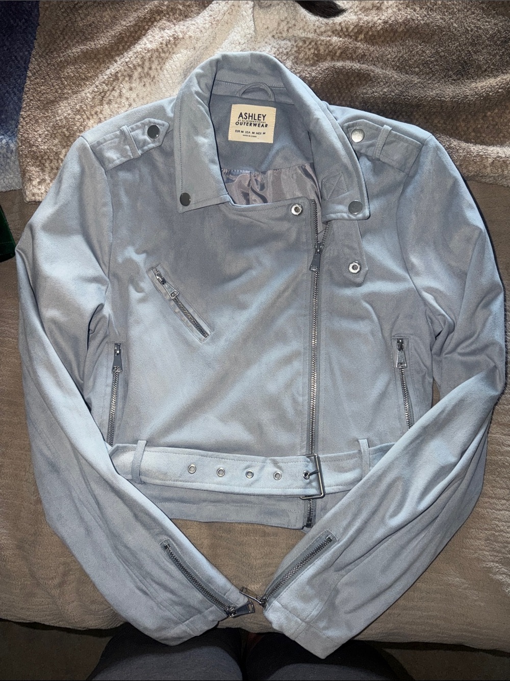 Ashley By 26 International Pale Blue Faux Suede Moto Jacket